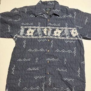 pacific coast highway blue tiki hawaiian ss button up shirt, men's large #1315